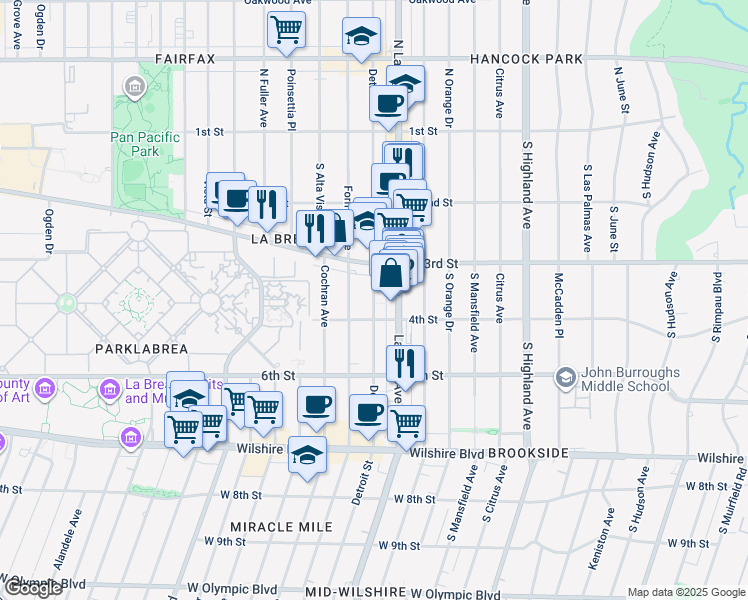 map of restaurants, bars, coffee shops, grocery stores, and more near 325 South Detroit Street in Los Angeles