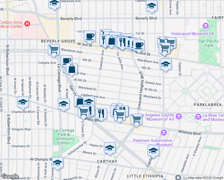 map of restaurants, bars, coffee shops, grocery stores, and more near 6450 West 5th Street in Los Angeles