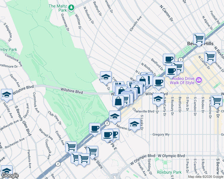 map of restaurants, bars, coffee shops, grocery stores, and more near 606 Whittier Drive in Beverly Hills