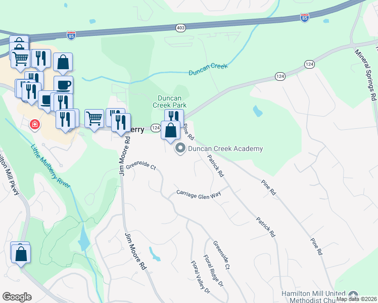 map of restaurants, bars, coffee shops, grocery stores, and more near 4250 Lantern Hill Drive in Dacula