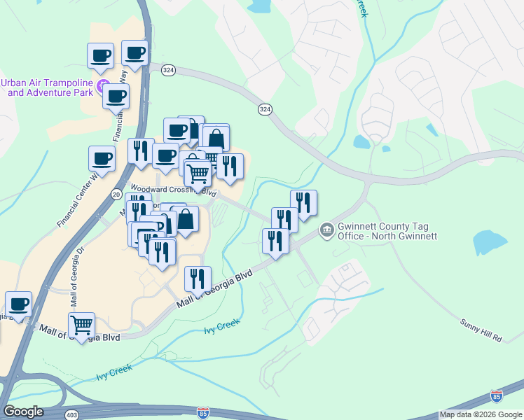map of restaurants, bars, coffee shops, grocery stores, and more near 3025 Woodward Crossing Boulevard in Buford