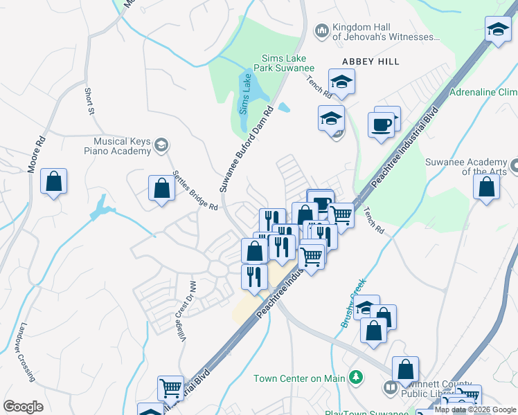map of restaurants, bars, coffee shops, grocery stores, and more near 4331 Baverton Drive in Suwanee
