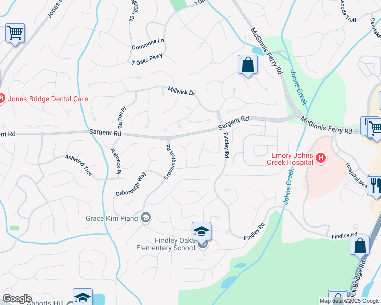 map of restaurants, bars, coffee shops, grocery stores, and more near 345 Leatherman Court in Alpharetta