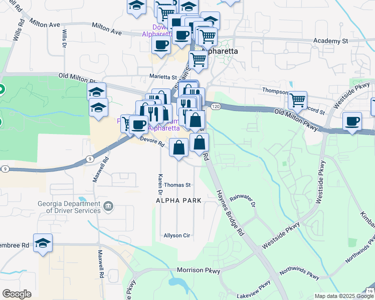 map of restaurants, bars, coffee shops, grocery stores, and more near 472 Burton Drive in Alpharetta