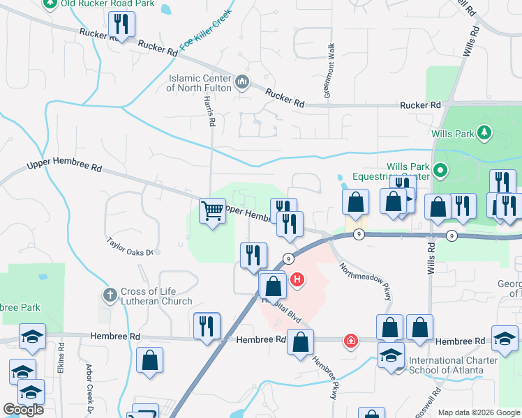 map of restaurants, bars, coffee shops, grocery stores, and more near 1260 Upper Hembree Road in Roswell