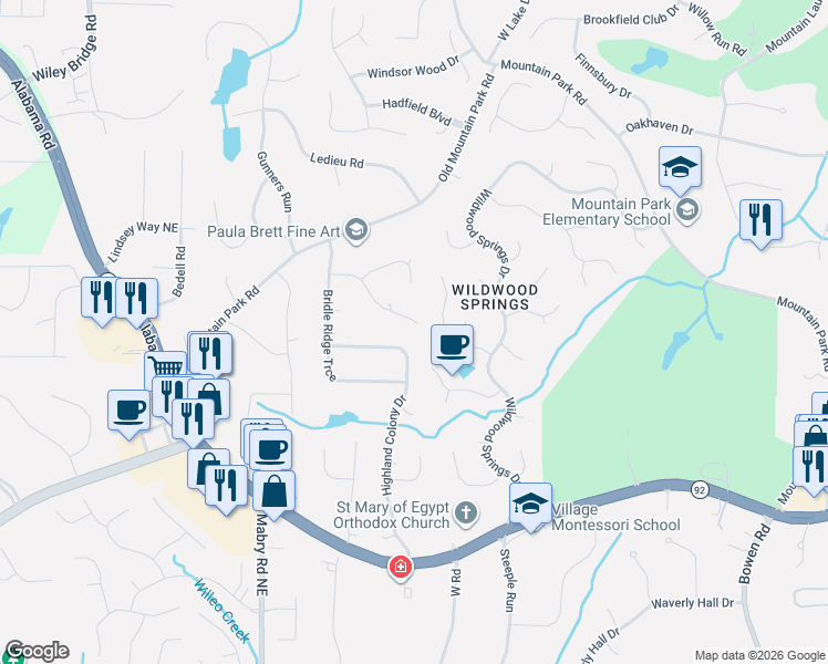 map of restaurants, bars, coffee shops, grocery stores, and more near 2065 Trotters Ridge Way in Roswell