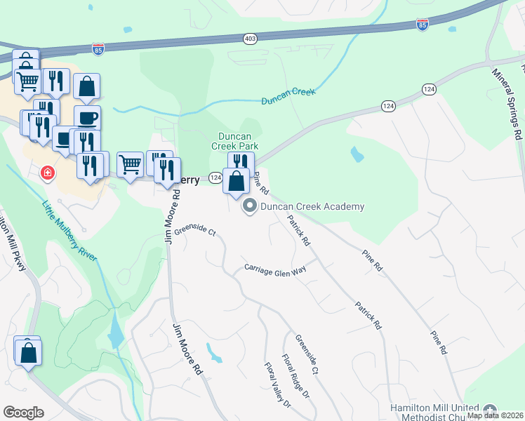 map of restaurants, bars, coffee shops, grocery stores, and more near 4250 Lantern Hill Drive in Dacula