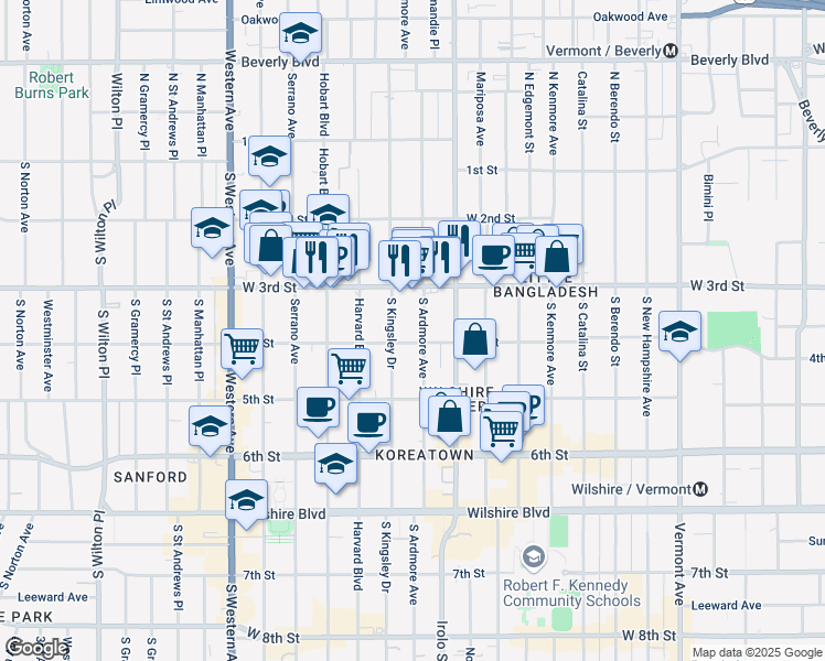 map of restaurants, bars, coffee shops, grocery stores, and more near 331 South Ardmore Avenue in Los Angeles