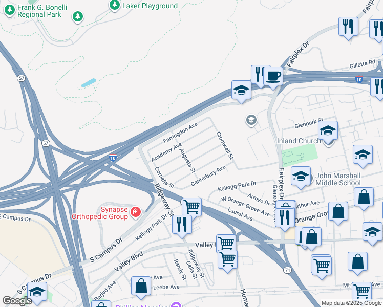 map of restaurants, bars, coffee shops, grocery stores, and more near 2286 Concord Avenue in Pomona