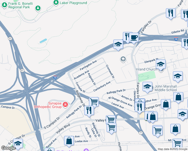 map of restaurants, bars, coffee shops, grocery stores, and more near 2286 Concord Avenue in Pomona