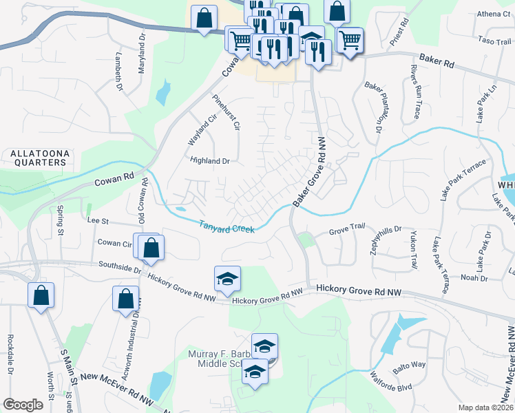map of restaurants, bars, coffee shops, grocery stores, and more near 383 Windcroft Court Northwest in Acworth