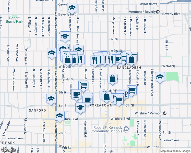 map of restaurants, bars, coffee shops, grocery stores, and more near 344 South Kingsley Drive in Los Angeles