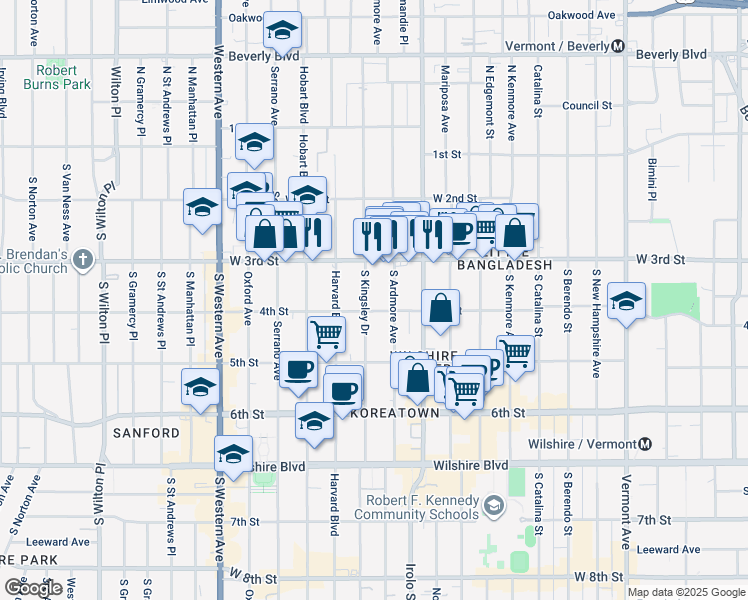 map of restaurants, bars, coffee shops, grocery stores, and more near 331 South Ardmore Avenue in Los Angeles