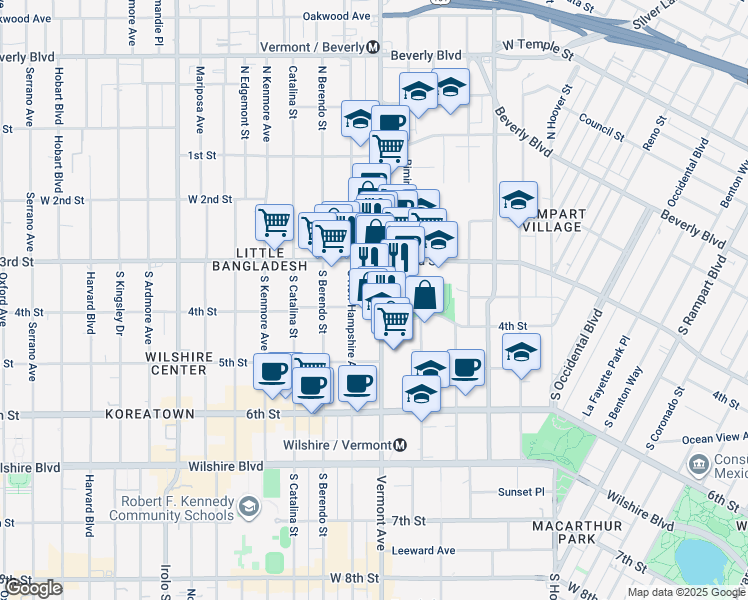 map of restaurants, bars, coffee shops, grocery stores, and more near 341 South Vermont Avenue in Los Angeles