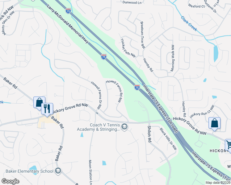 map of restaurants, bars, coffee shops, grocery stores, and more near 4554 Howell Farms Road Northwest in Acworth