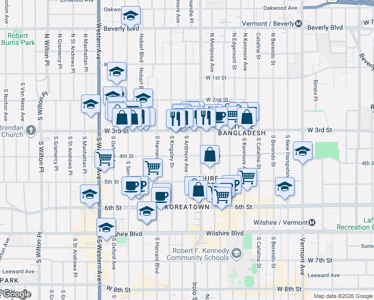 map of restaurants, bars, coffee shops, grocery stores, and more near 331 South Ardmore Avenue in Los Angeles