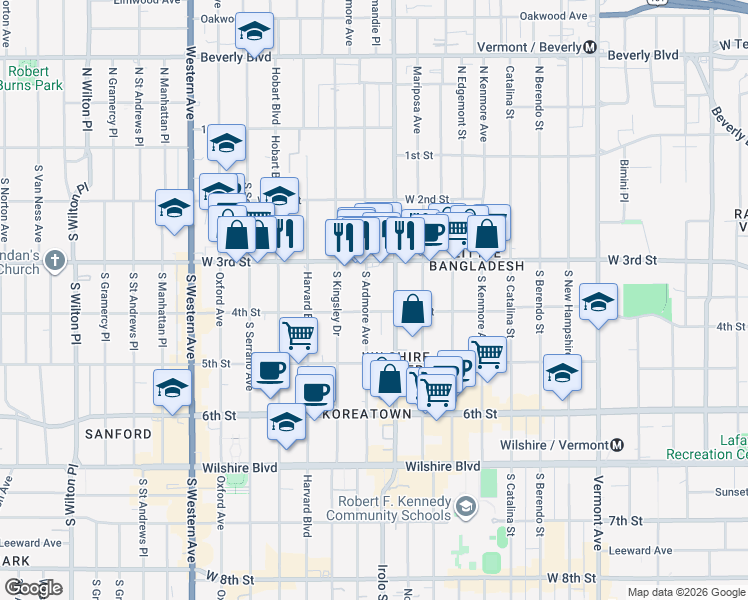 map of restaurants, bars, coffee shops, grocery stores, and more near 340 South Ardmore Avenue in Los Angeles