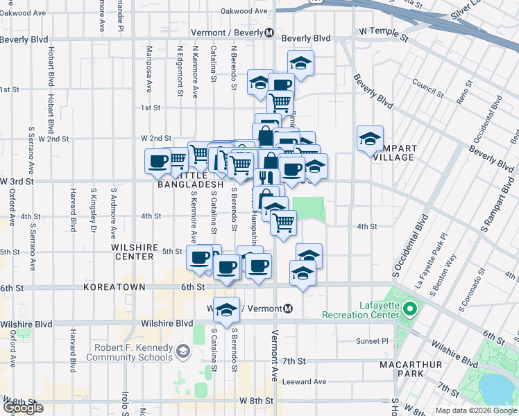 map of restaurants, bars, coffee shops, grocery stores, and more near 3333 West 4th Street in Los Angeles