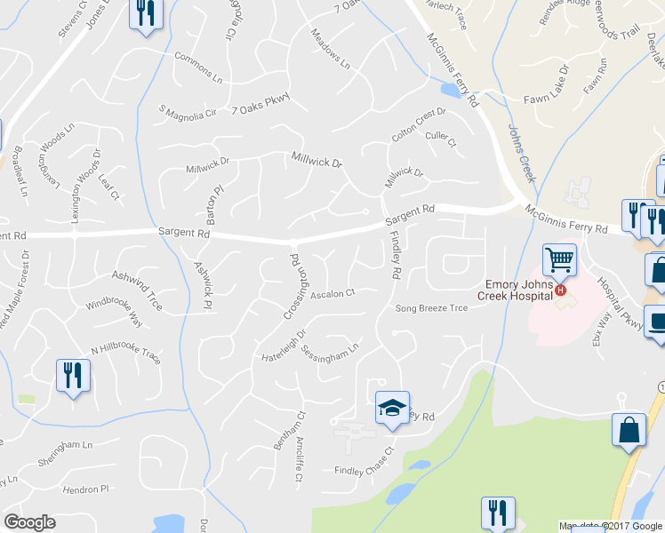 map of restaurants, bars, coffee shops, grocery stores, and more near 345 Leatherman Court in Alpharetta