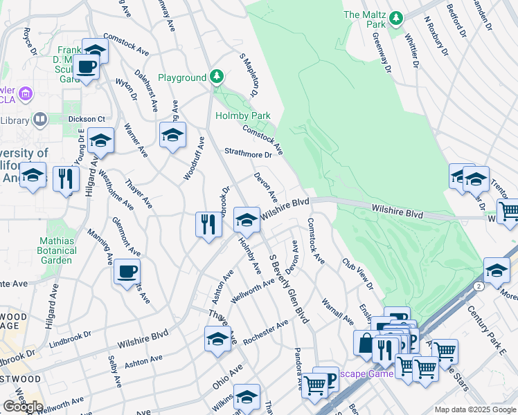 map of restaurants, bars, coffee shops, grocery stores, and more near 10375 Wilshire Boulevard in Los Angeles