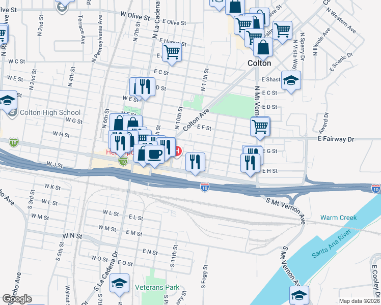 map of restaurants, bars, coffee shops, grocery stores, and more near Villa Way in Colton