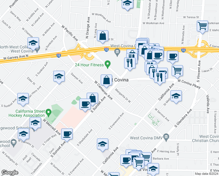 map of restaurants, bars, coffee shops, grocery stores, and more near 745 South Sunset Avenue in West Covina