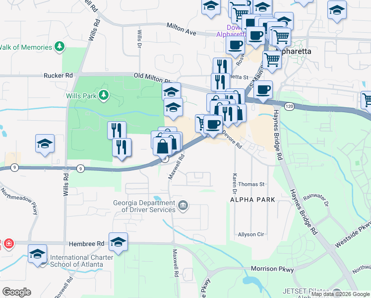 map of restaurants, bars, coffee shops, grocery stores, and more near 305 South Main Street in Alpharetta