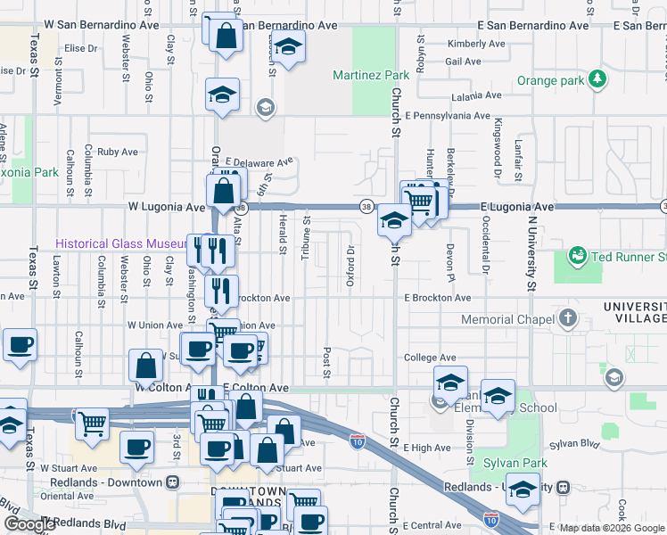 map of restaurants, bars, coffee shops, grocery stores, and more near 1124 Post Street in Redlands
