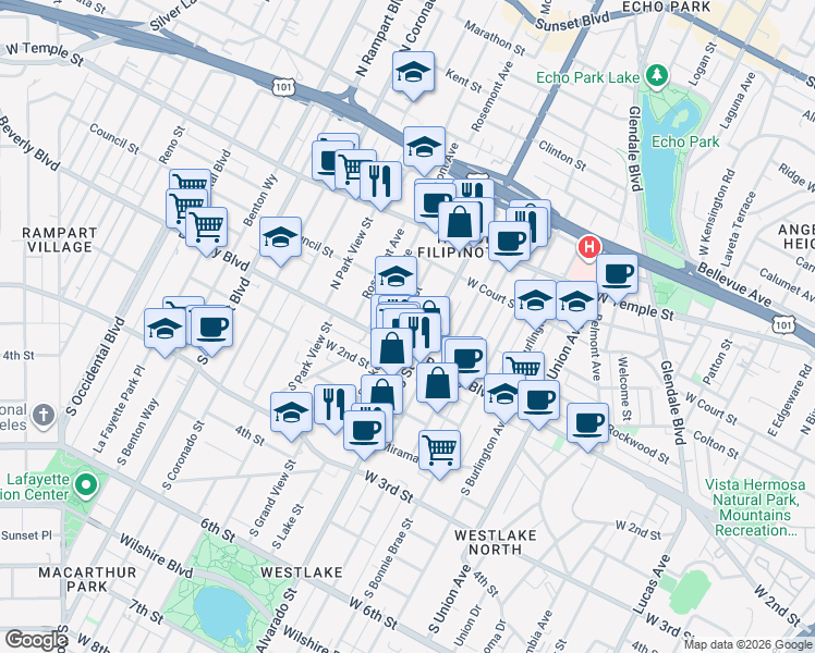 map of restaurants, bars, coffee shops, grocery stores, and more near 141 North Alvarado Street in Los Angeles