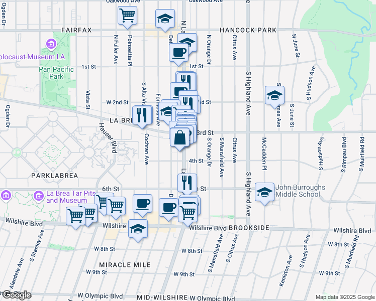 map of restaurants, bars, coffee shops, grocery stores, and more near 332 South La Brea Avenue in Los Angeles