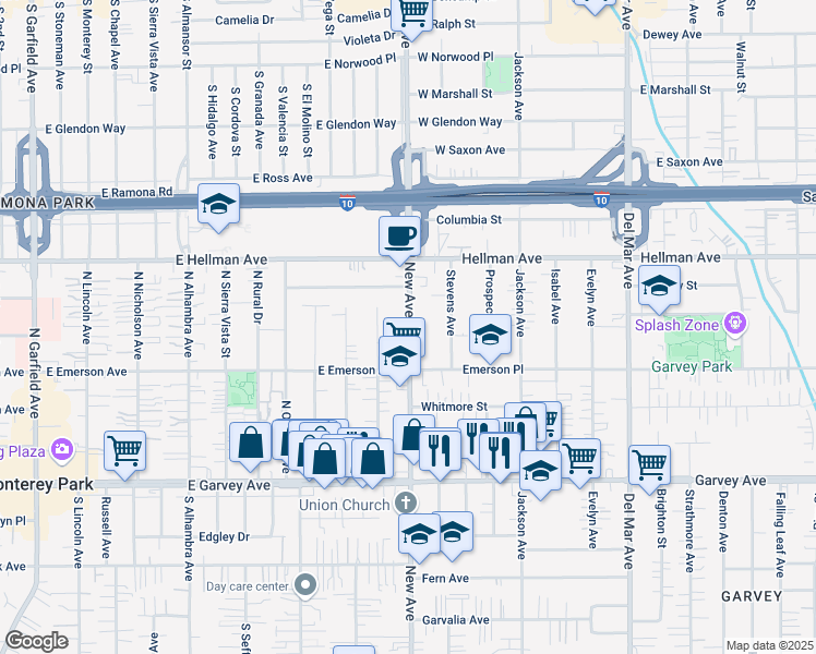 map of restaurants, bars, coffee shops, grocery stores, and more near 521a New Avenue in Monterey Park