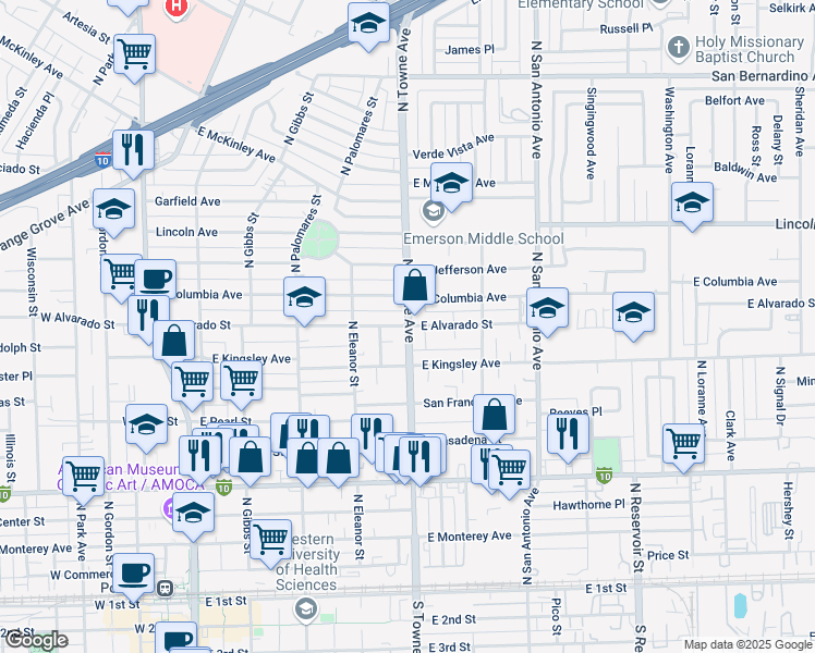 map of restaurants, bars, coffee shops, grocery stores, and more near North Towne Avenue & East Alvarado Street in Pomona