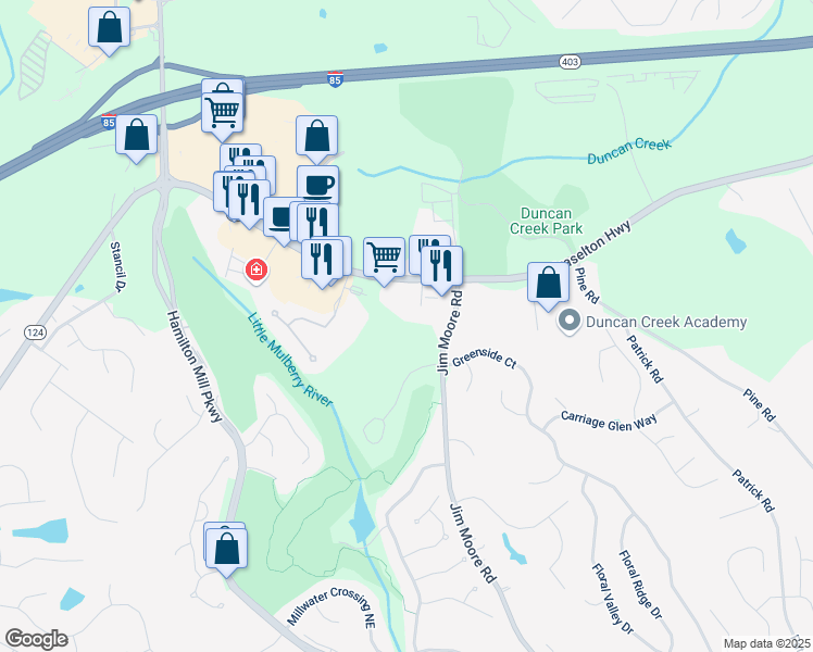 map of restaurants, bars, coffee shops, grocery stores, and more near 3581 Braselton Highway in Dacula