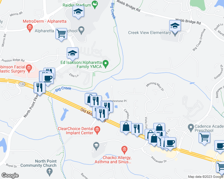 map of restaurants, bars, coffee shops, grocery stores, and more near 1100 Whitestone Ridge in Alpharetta