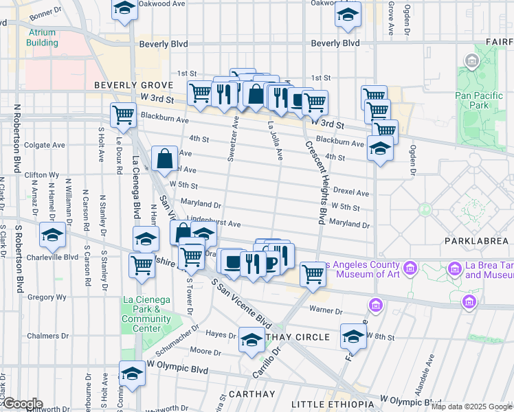 map of restaurants, bars, coffee shops, grocery stores, and more near 6450 West 5th Street in Los Angeles