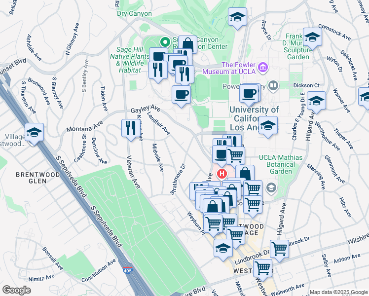 map of restaurants, bars, coffee shops, grocery stores, and more near 519 Landfair Avenue in Los Angeles