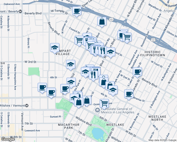 map of restaurants, bars, coffee shops, grocery stores, and more near 256 La Fayette Park Place in Los Angeles