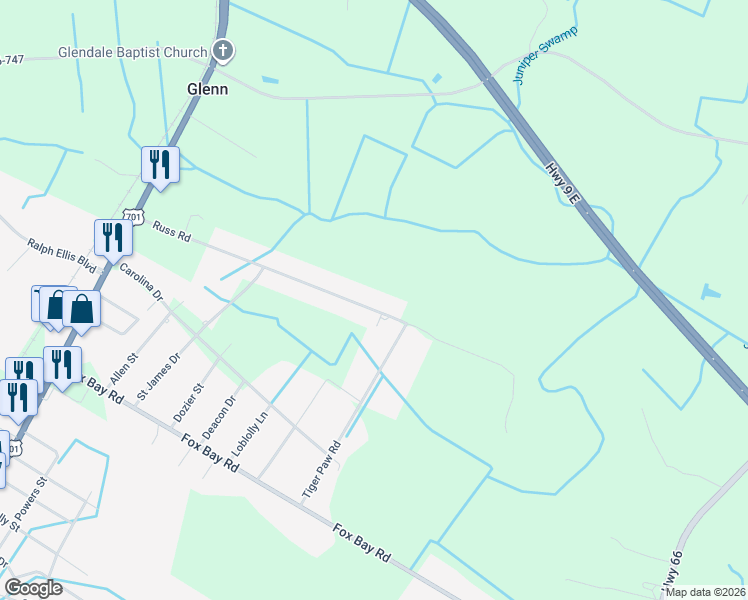 map of restaurants, bars, coffee shops, grocery stores, and more near 309 Russ Road in Loris