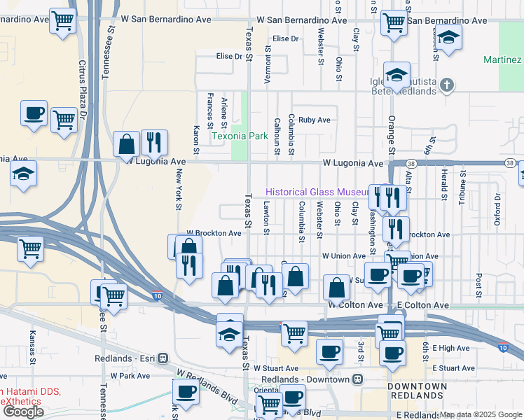 map of restaurants, bars, coffee shops, grocery stores, and more near 1135 Lawton Street in Redlands