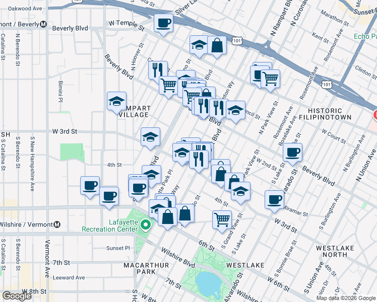 map of restaurants, bars, coffee shops, grocery stores, and more near 256 La Fayette Park Place in Los Angeles