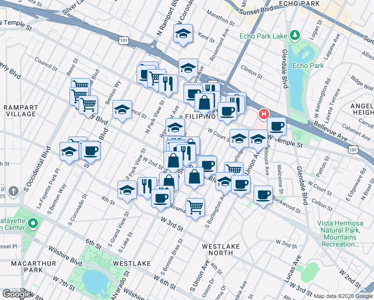 map of restaurants, bars, coffee shops, grocery stores, and more near 131 North Alvarado Street in Los Angeles