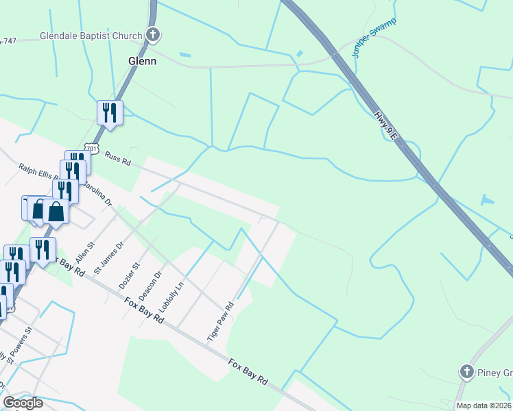 map of restaurants, bars, coffee shops, grocery stores, and more near 309 Russ Road in Loris