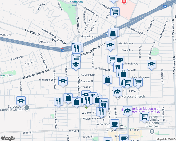 map of restaurants, bars, coffee shops, grocery stores, and more near 436 West Alvarado Street in Pomona