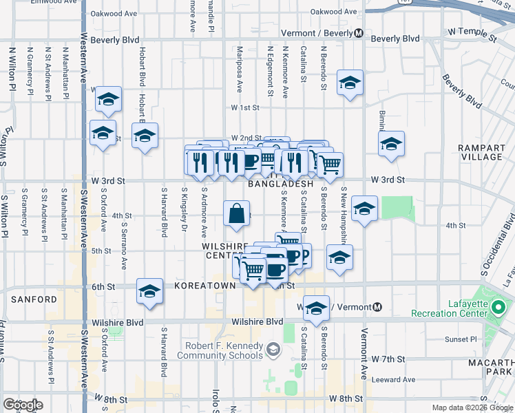 map of restaurants, bars, coffee shops, grocery stores, and more near 345 South Alexandria Avenue in Los Angeles