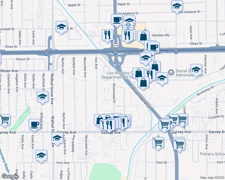 map of restaurants, bars, coffee shops, grocery stores, and more near 3243 Rosemead Place in Rosemead