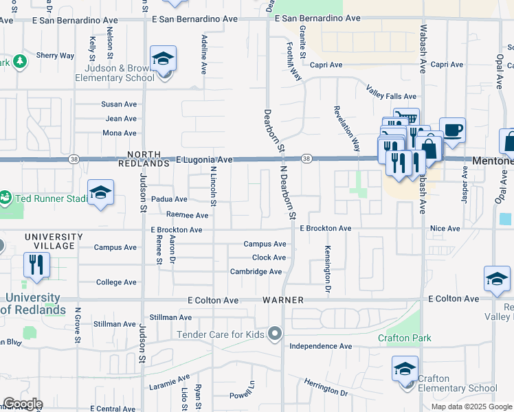 map of restaurants, bars, coffee shops, grocery stores, and more near 1121 Country Place in Redlands