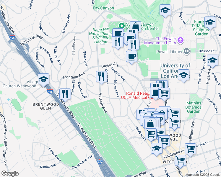 map of restaurants, bars, coffee shops, grocery stores, and more near 520 Kelton Avenue in Los Angeles