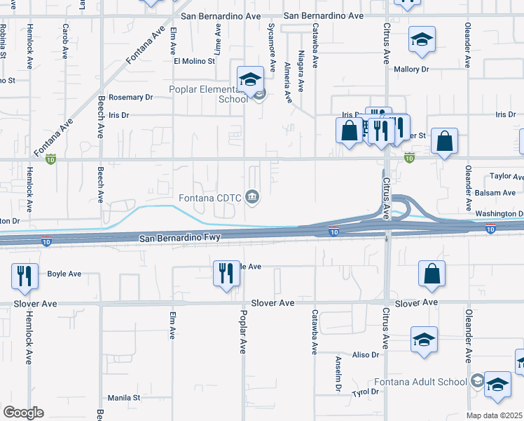 map of restaurants, bars, coffee shops, grocery stores, and more near 10207 Poplar Avenue in Fontana