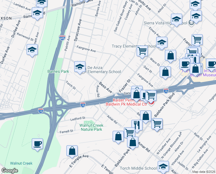 map of restaurants, bars, coffee shops, grocery stores, and more near 3129 Mangum Street in Baldwin Park