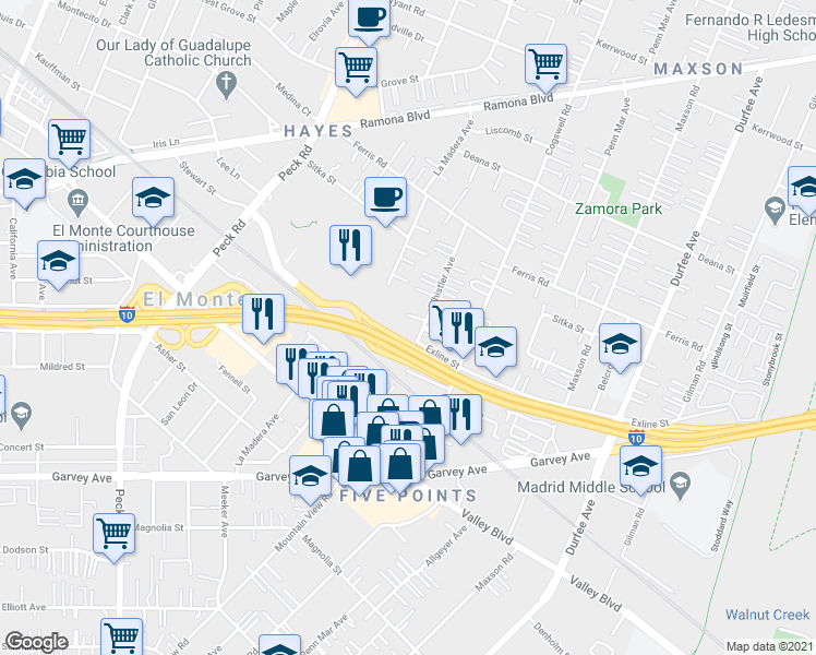 map of restaurants, bars, coffee shops, grocery stores, and more near 11875 Exline Street in El Monte